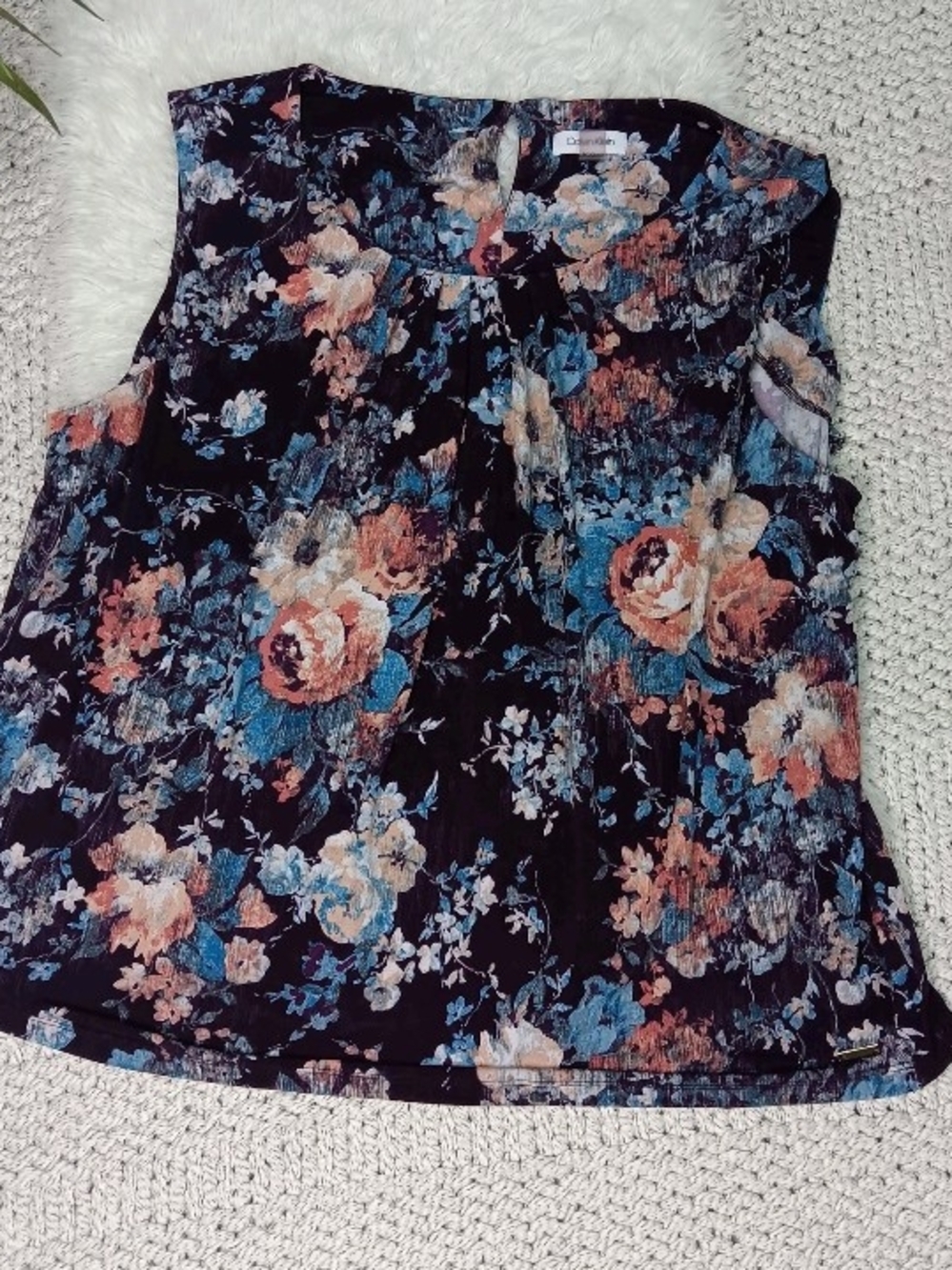 Calvin Klein Whimsigoth Sleeveless Eggplant W/ Multicolored Flowers Blouse